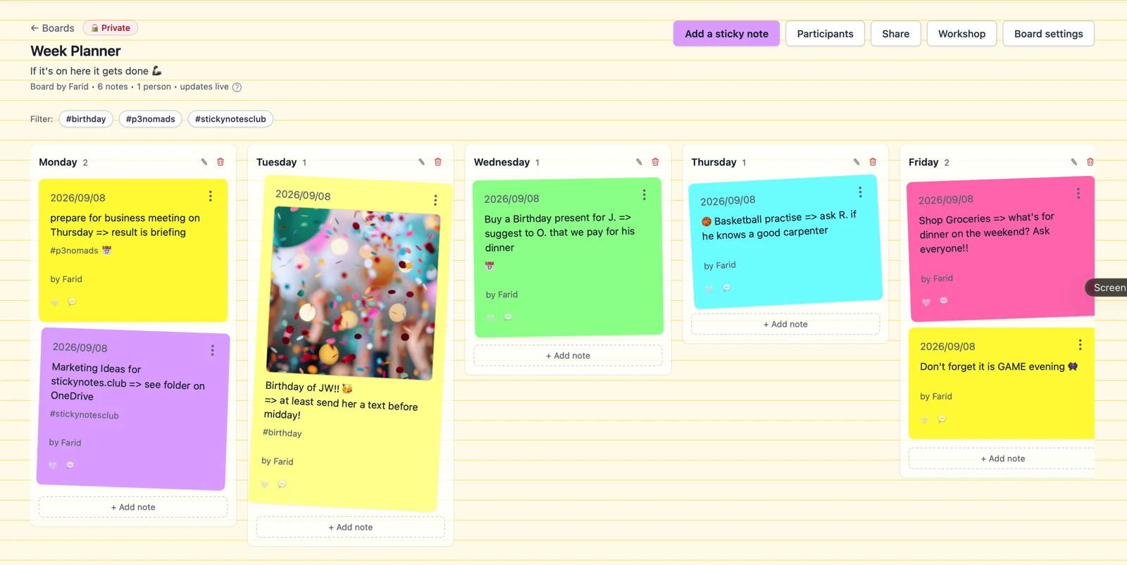 An example private board called Week Planner, with columns for Monday to Friday and a sticky note for each task.