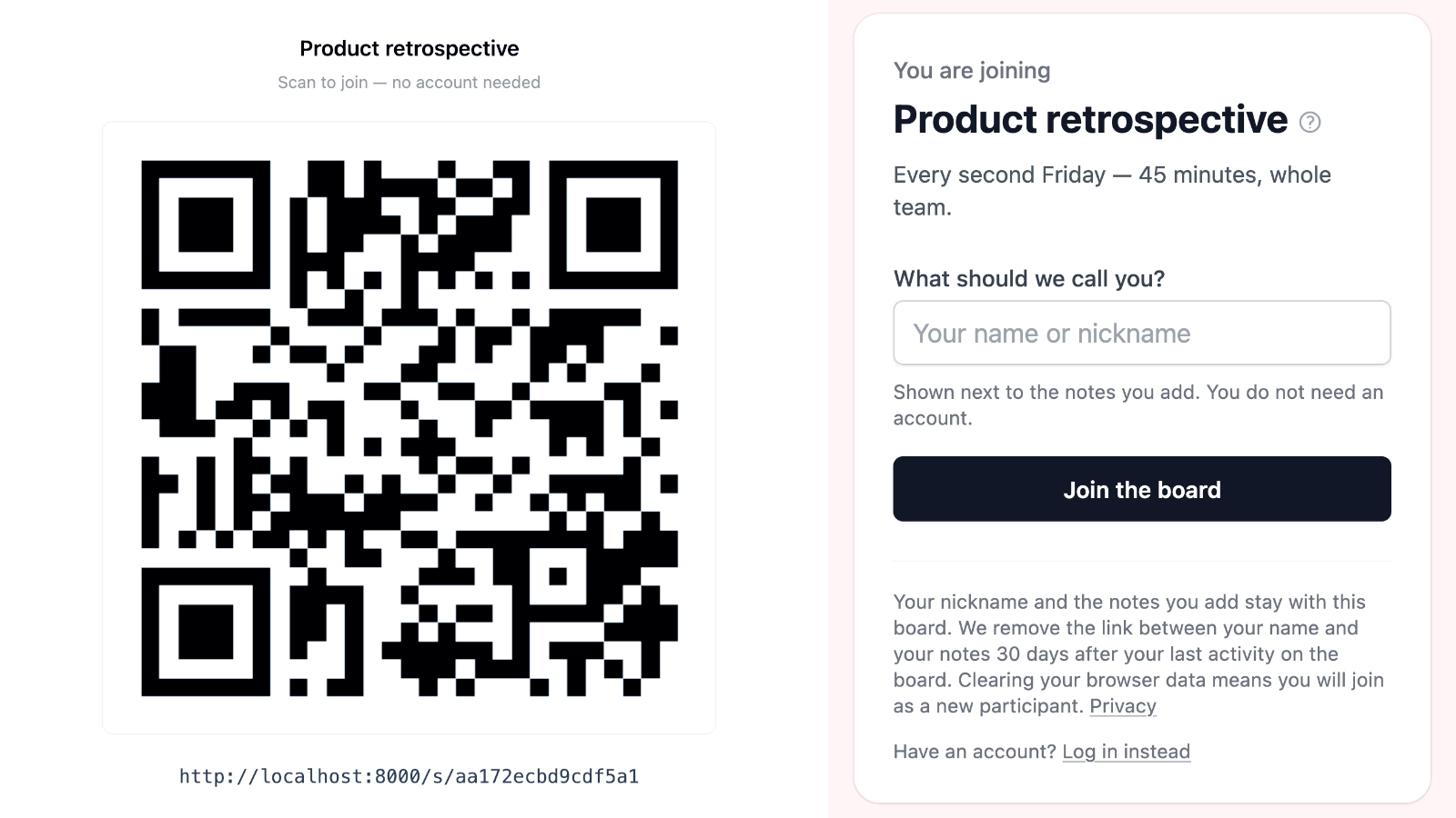 A workshop QR code beside the nickname screen used to join without an account.