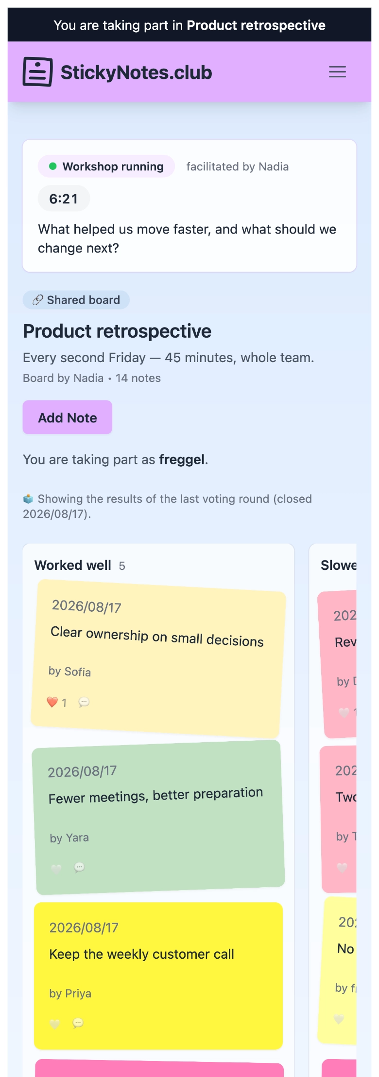 Mobile participant view of an active workshop with a shared question, timer and Add Note button.